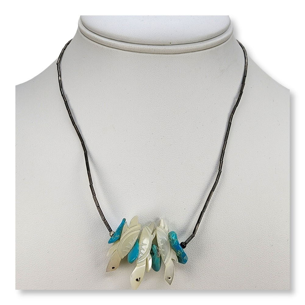 Vintage Sterling Silver 925 Liquid Silver Turquoise MOP Turtle Necklace 16.5 In